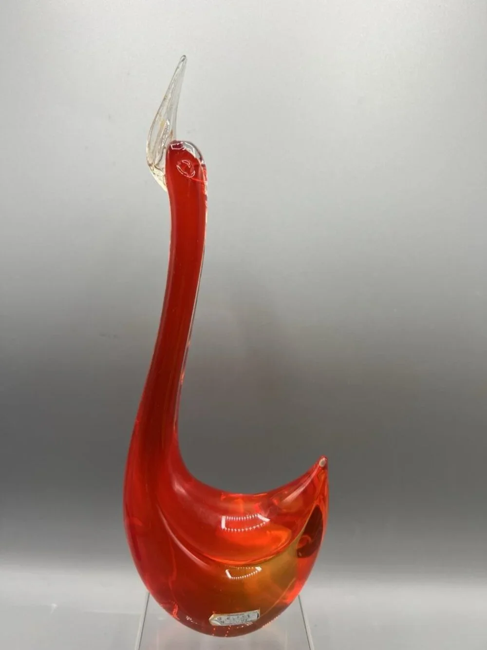 Murano Red Orange Glass Swan w/ Gold Bill Vtg Figurine 9.5 in Long Necked Italy